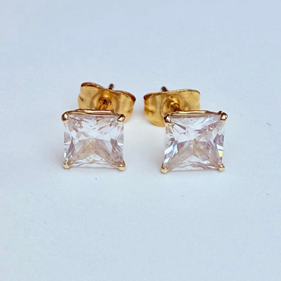 14K Solid Yellow Gold 1 CT White Achroite Tourmaline Stud Princess Cut Earrings